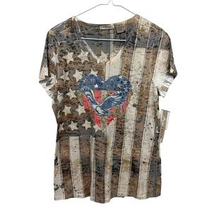 JOE FRESH T-Shirt Size M Patriotic Stars Stripes Short Sleeves V-Neck
